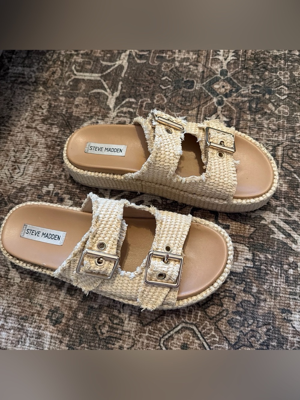 Steve Madden Beige Woven Double-Buckle Slide Sandals